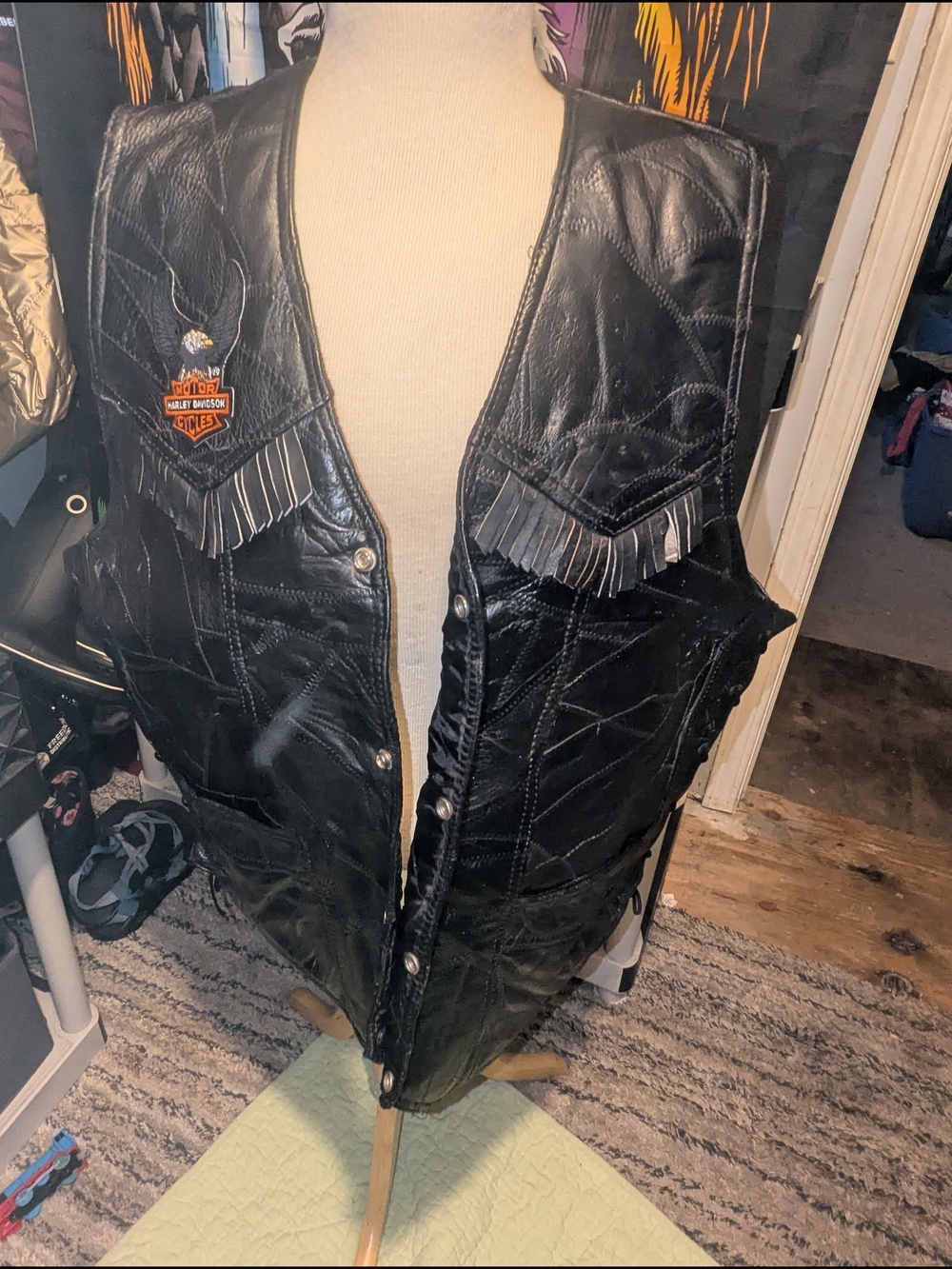 Men's Black Leather Fringe Motorcycle Vest with Embroidered Patch